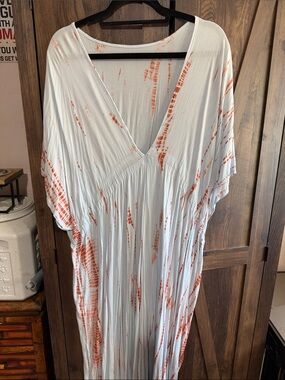 White and Orange Tie-Dye Maxi Dress - V-Neck, Relaxed Fit